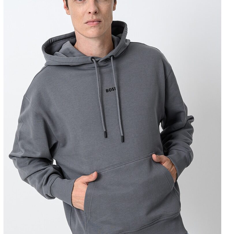 Памучно худи с джоб кенгуру - Tъмносив BOSS