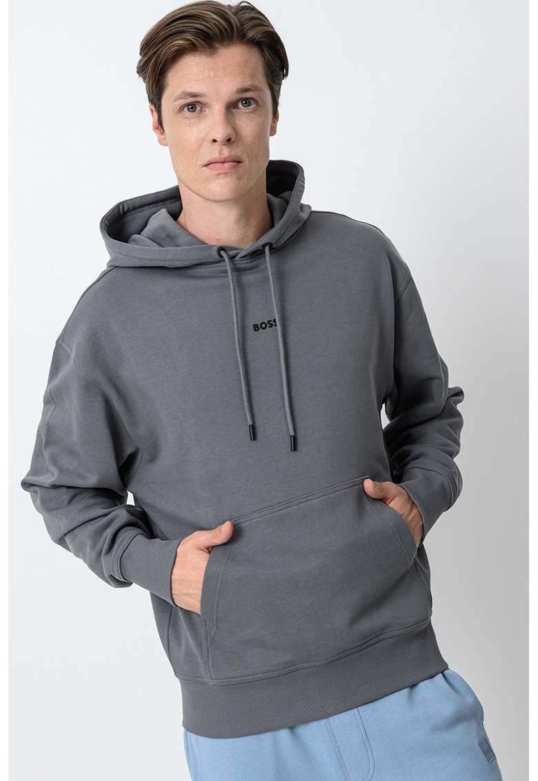 Памучно худи с джоб кенгуру - Tъмносив BOSS