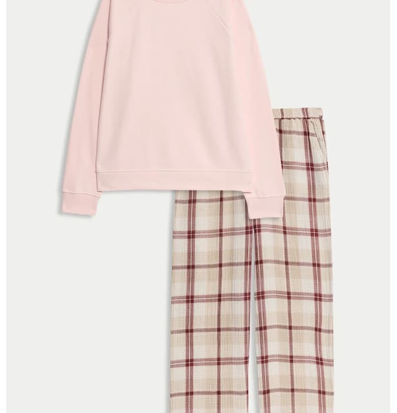 Пижама с дълга долна част на каре - Бежов/Розово Marks  Spencer