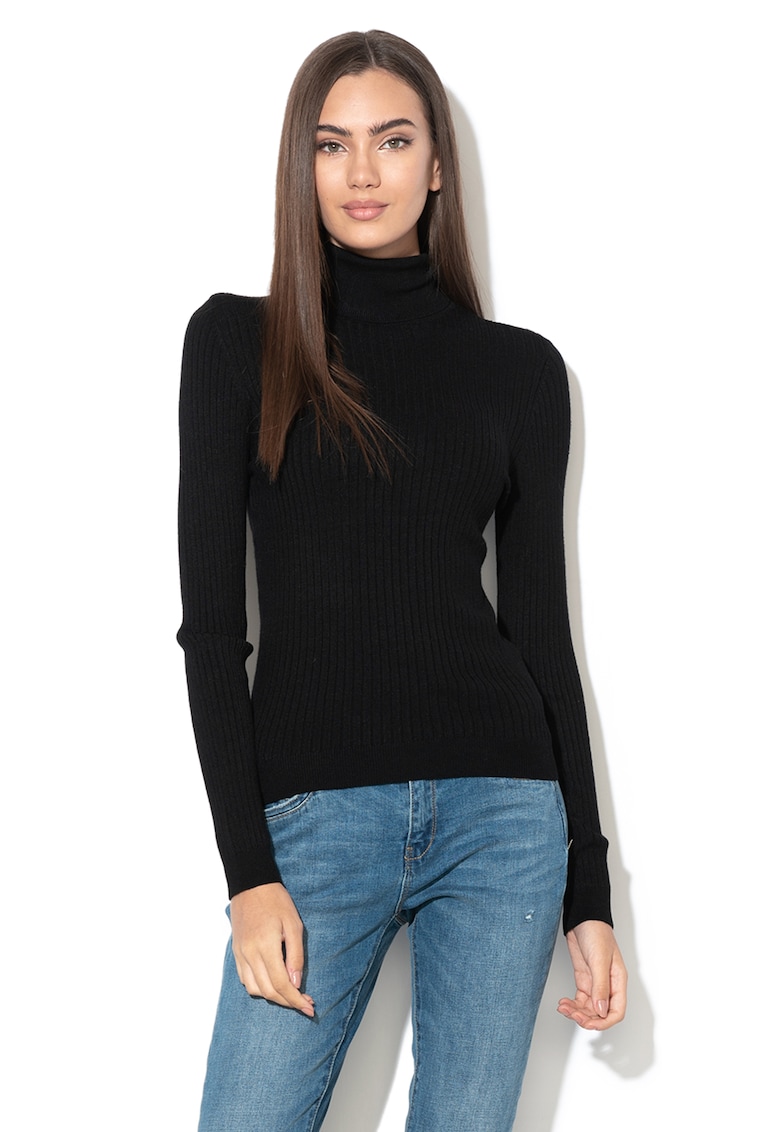 Плетен пуловер Karol с рипсен ефект и поло - Черен Only