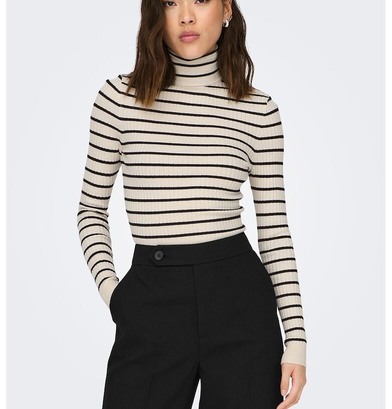 Плетен пуловер Karol с рипсен ефект и поло - Черен/Мръснобял Only