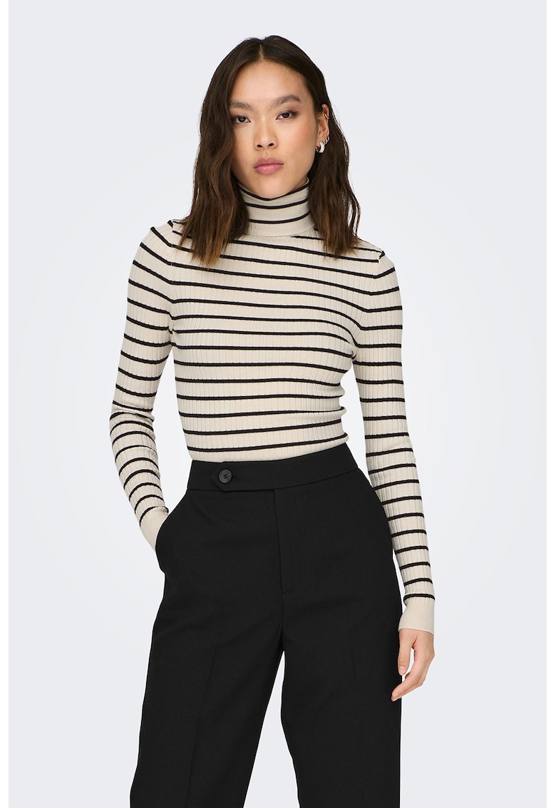 Плетен пуловер Karol с рипсен ефект и поло - Черен/Мръснобял Only