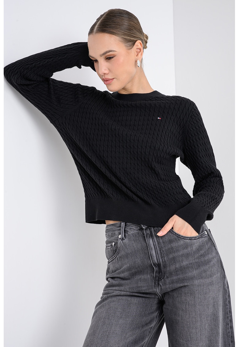 Плетен пуловер от органичен памук - Черен Tommy Hilfiger