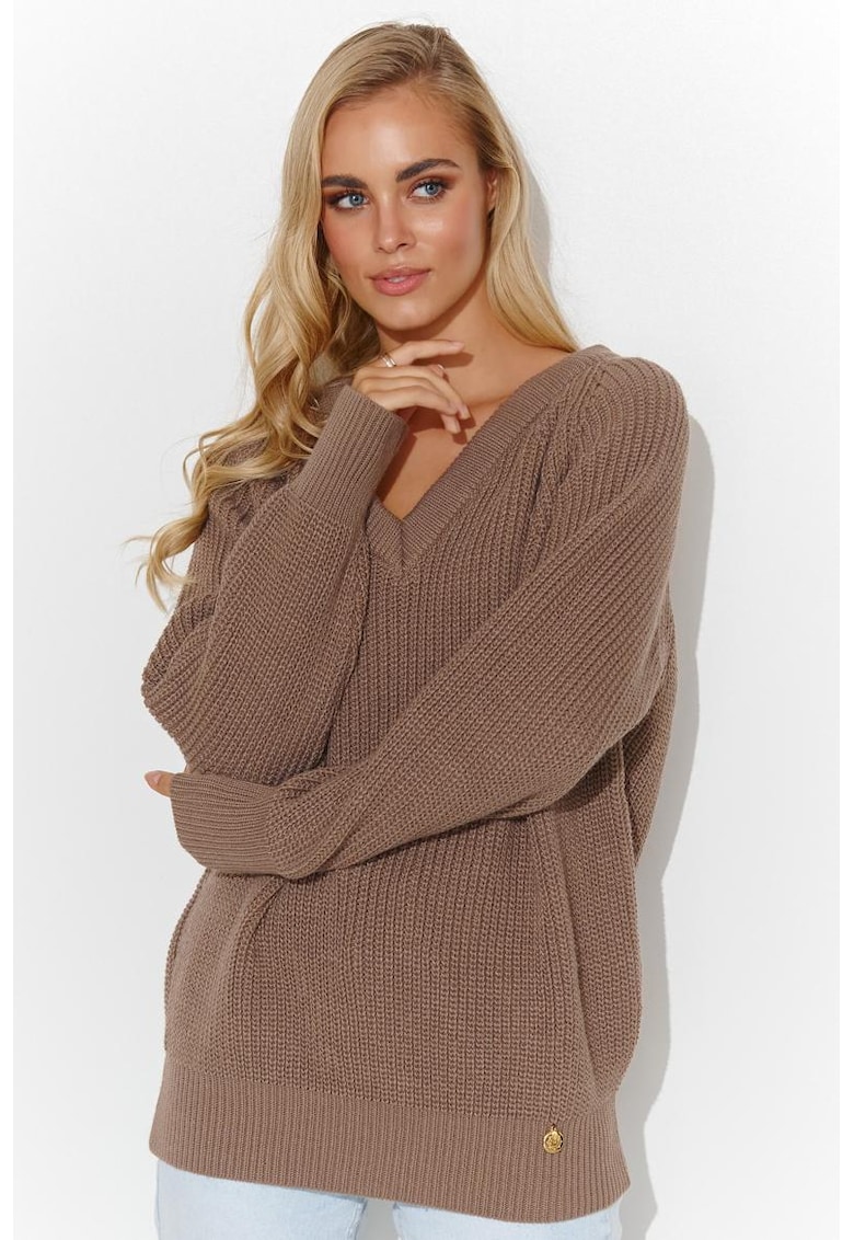 Плетен пуловер с V-образно деколте - Makadamia