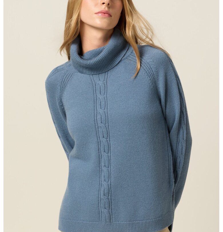 Плетен пуловер с вълна с поло и плетка осморка - Прашно синьо Oltre