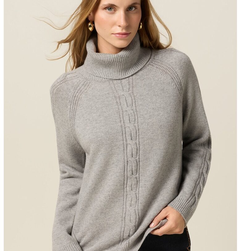 Плетен пуловер с вълна с поло и плетка осморка - Светло сив Oltre