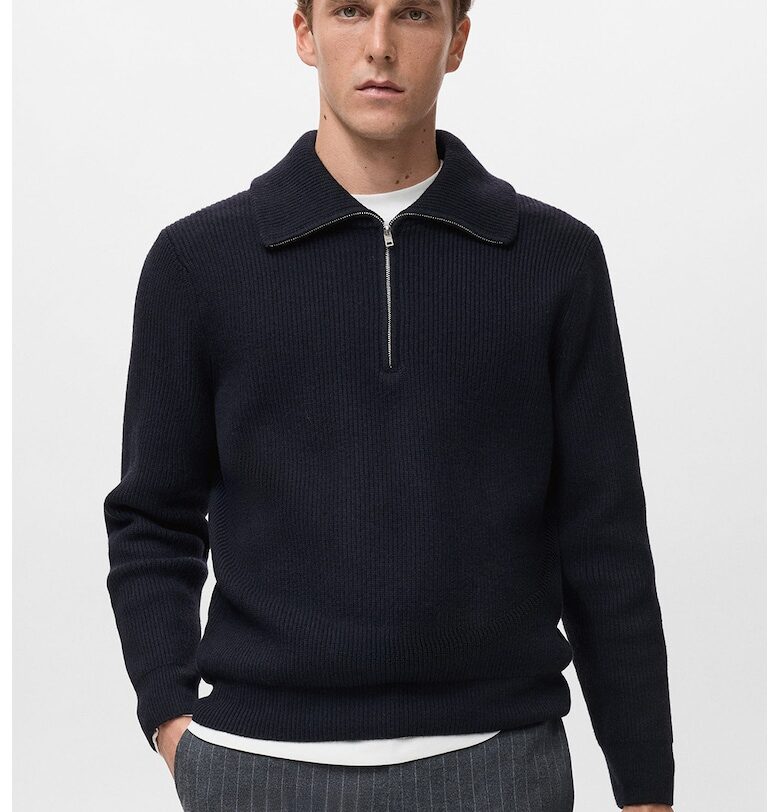 Плетен пуловер с вълна с цип - Ултрамарин синьо Mango