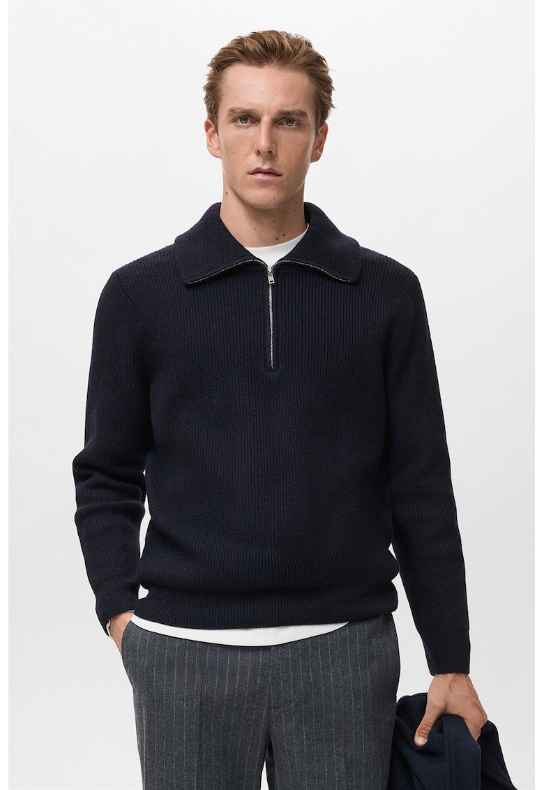 Плетен пуловер с вълна с цип - Ултрамарин синьо Mango
