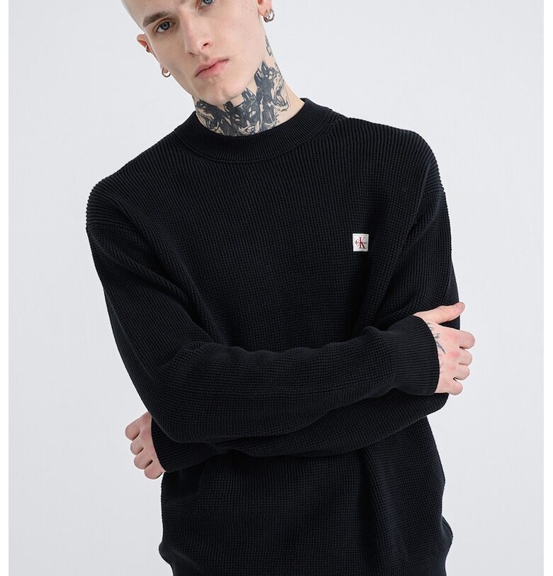 Плетен пуловер с пришито лого - Тъмносин CALVIN KLEIN JEANS