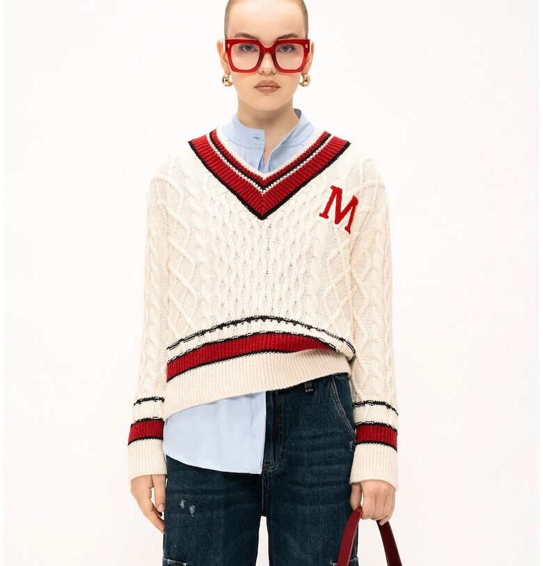 Плетен шпиц пуловер - Червен/Бял Marc Ellis