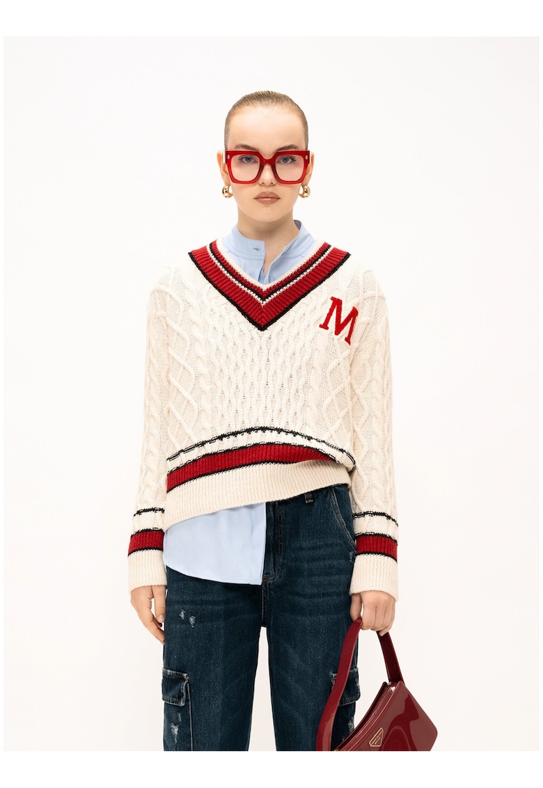 Плетен шпиц пуловер - Червен/Бял Marc Ellis