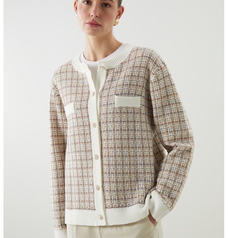 Плетена жилетка с овални перлени копчета - Бял/Светлокафяв LC WAIKIKI