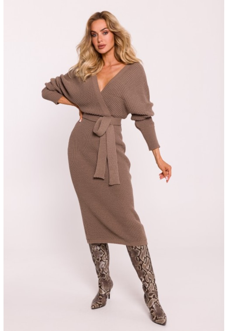 Плетена рокля с браздирано деколте и колан - Тъмно бежово - MOE