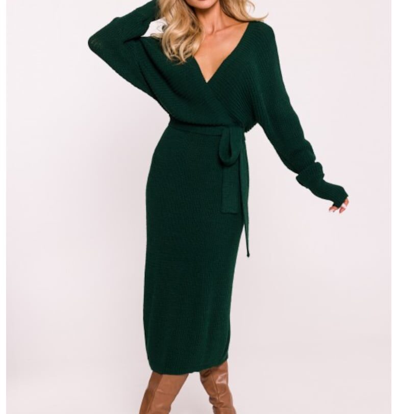 Плетена рокля с браздирано деколте и колан -  зелена - един размер MOE