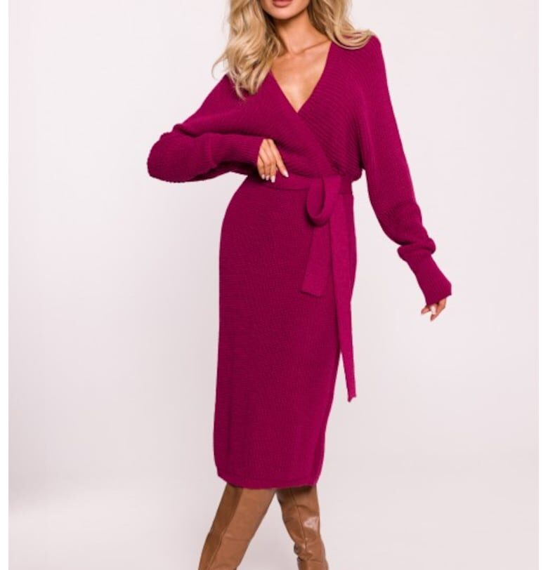 Плетена рокля с браздирано деколте и колан -  розово - един размер MOE