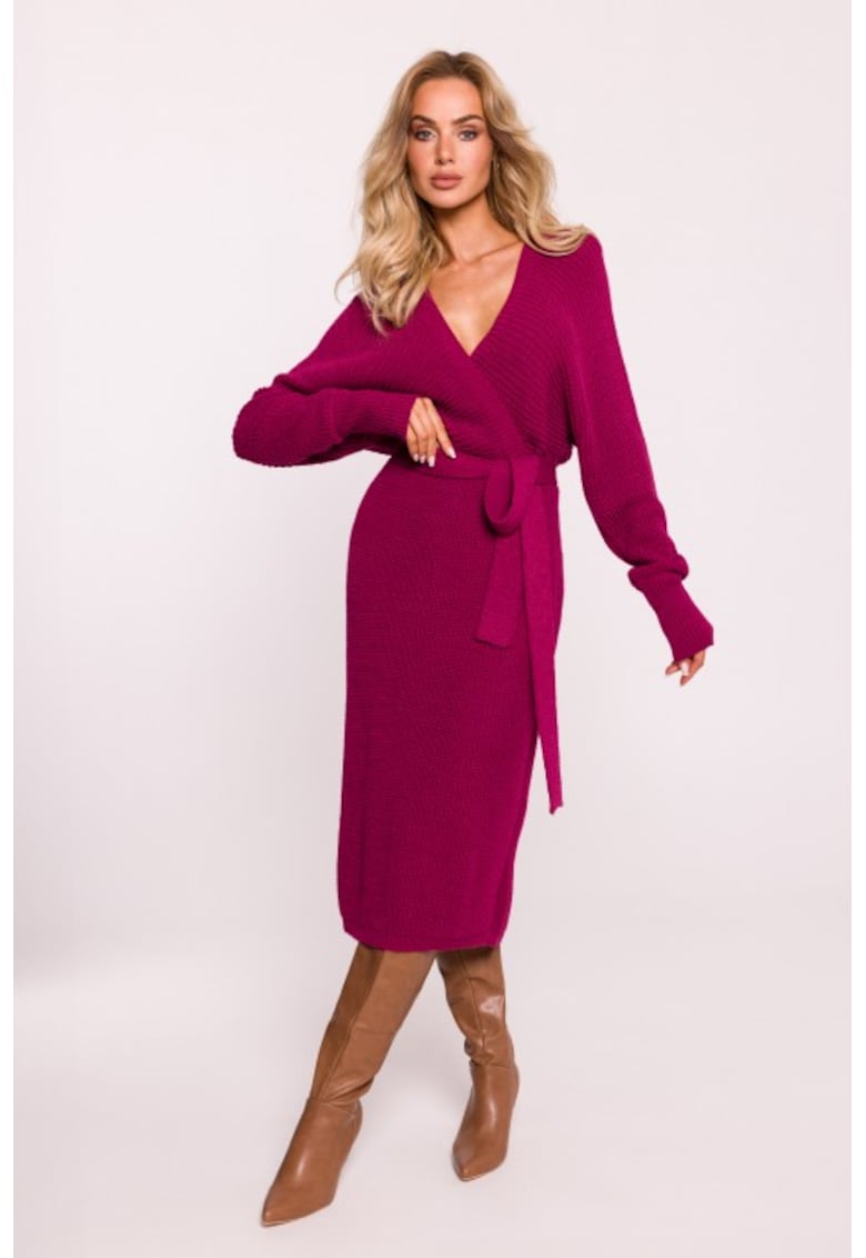 Плетена рокля с браздирано деколте и колан - розово - един размер MOE