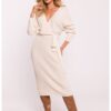 Плетена рокля с дълбоко деколте и колан -  Ivoire - MOE