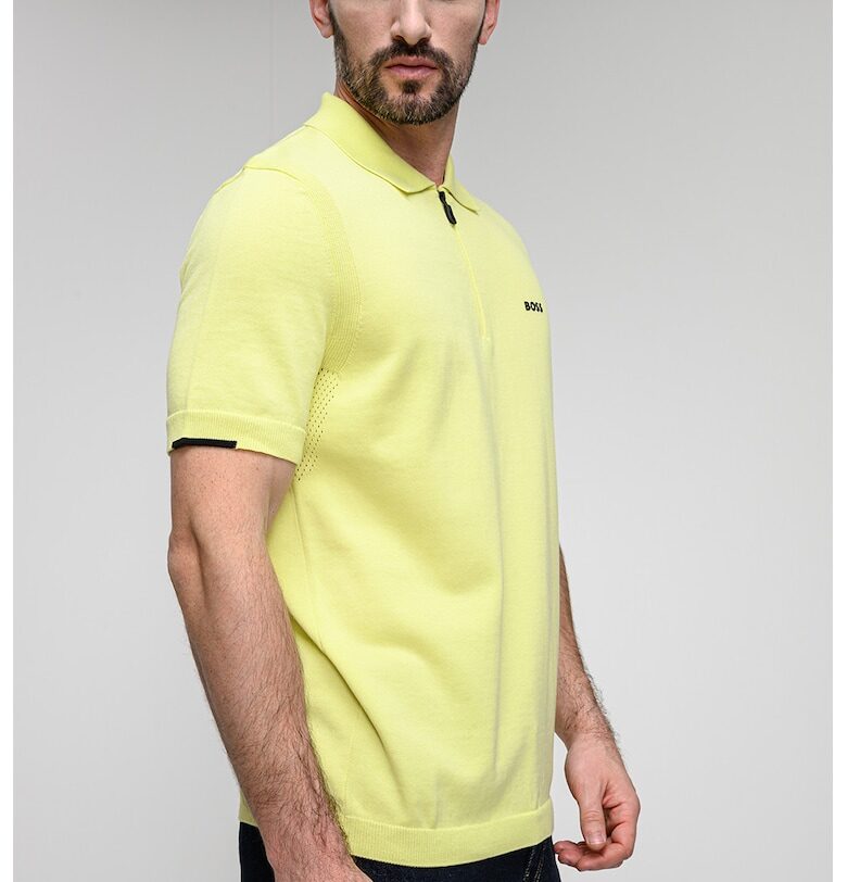 Плетена тениска с яка и къс цип - Лайм зелено BOSS