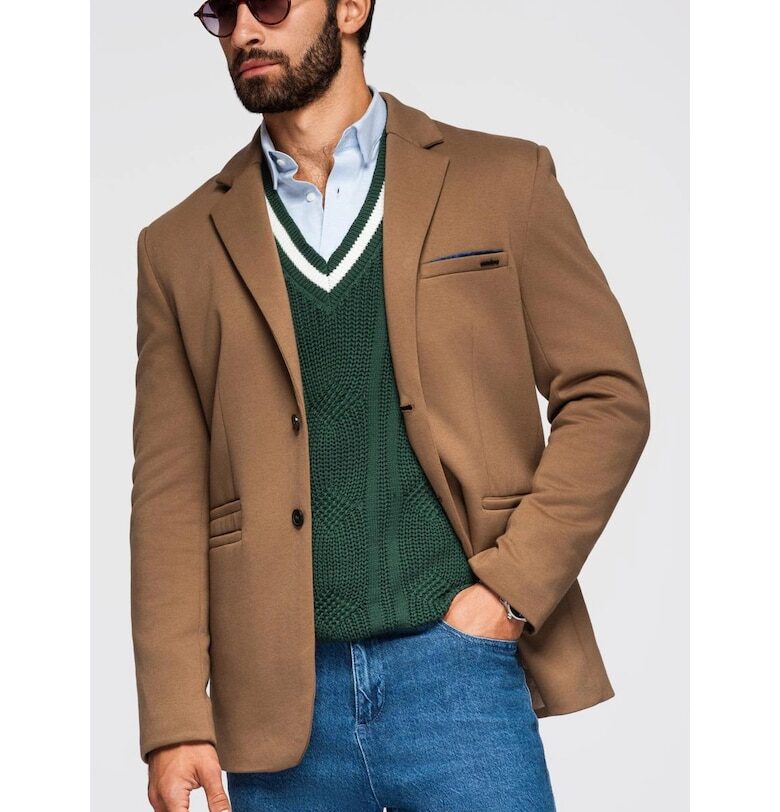 Плетено сако с вталена кройка  OM-BLZB-0100 - Светлокафяво - Светлокафяв OMBRE