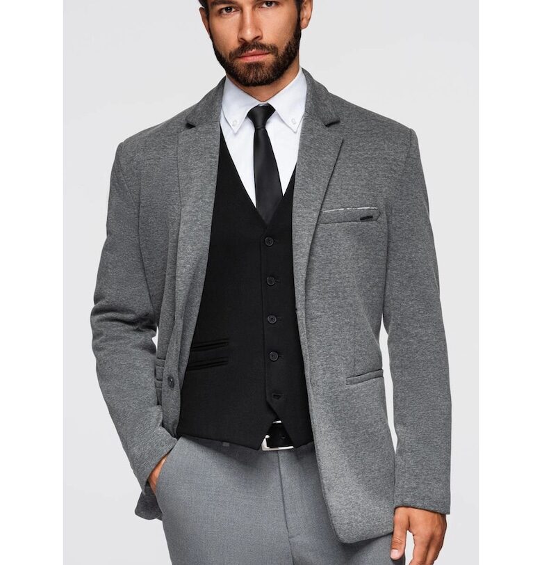 Плетено сако с вталена кройка  OM-BLZB-0100 - Тъмно сиво - Tъмносив OMBRE