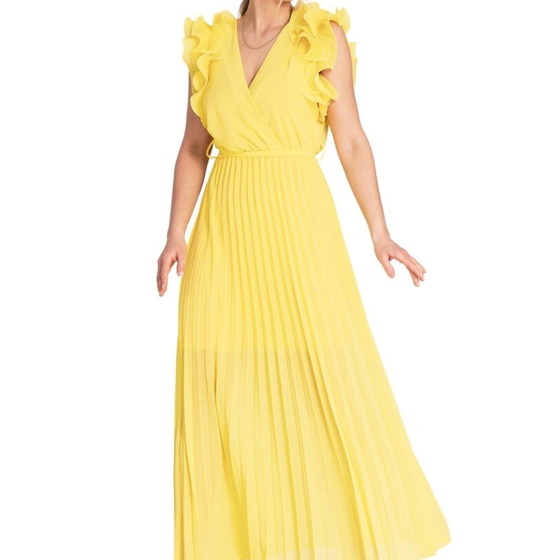 Плисирана макси рокля -  жълта - ръкави с волани - вискоза/еластан/полиестер - SM Figl