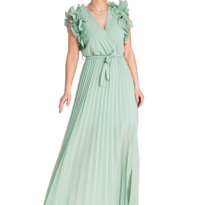 Плисирана макси рокля -  ментово зелено - вискоза/еластан/полиестер - SM Figl