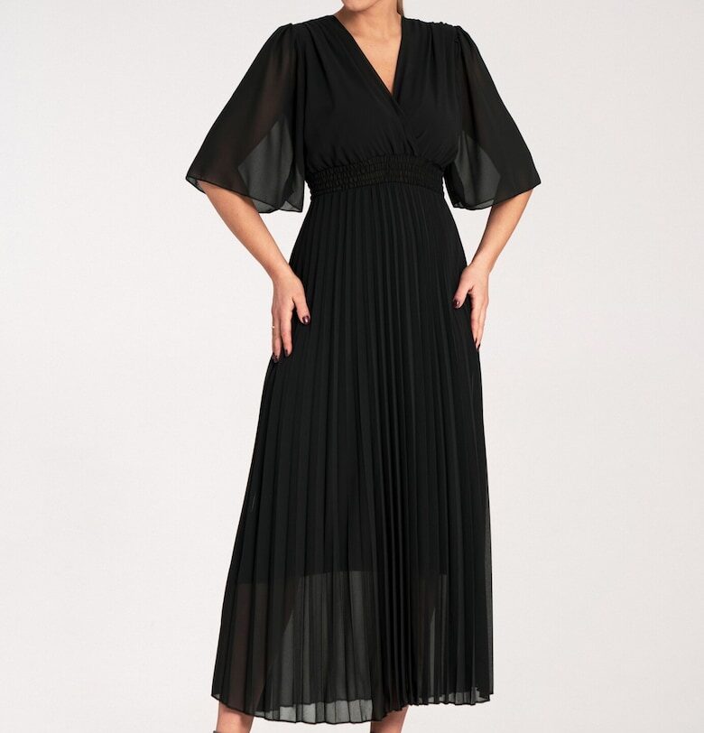 Плисирана миди рокля  елегантна - полиестер - черна - SM Figl