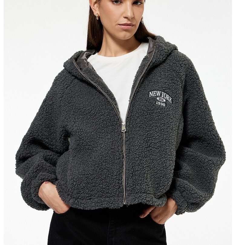 Плюшено худи с ръкави реглан - Tъмносив KOTON