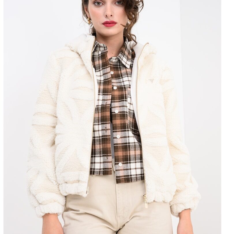 Плюшено яке с цип и качулка - Мръснобял GUESS