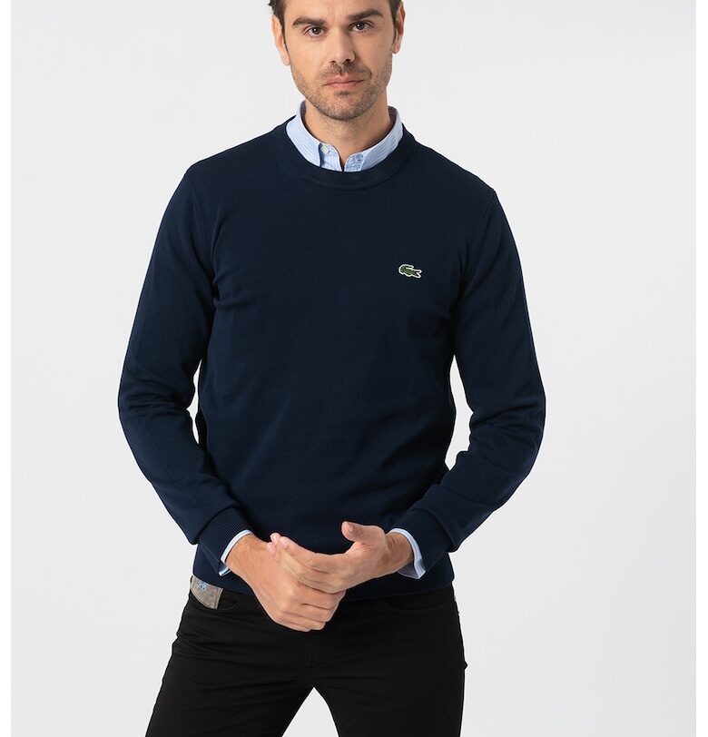 Пуловер от органичен памук с овално деколте - Тъмносин Lacoste