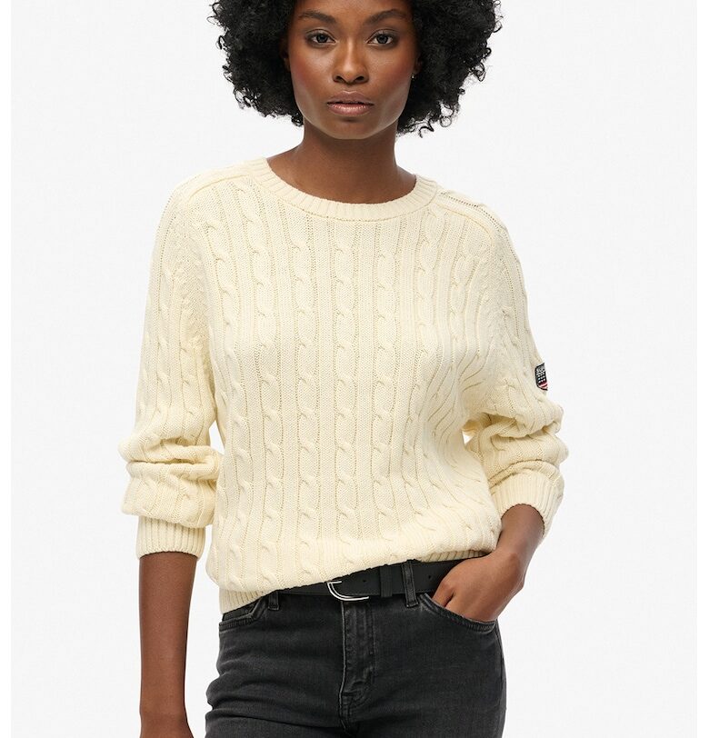 Пуловер от органичен памук с плетка осморка - Крем Superdry  Co