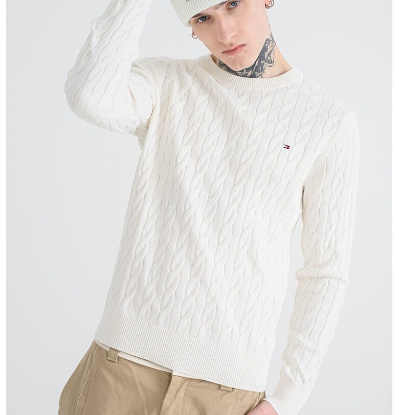 Пуловер от органичен памук с плетка осморка - Бял Tommy Hilfiger