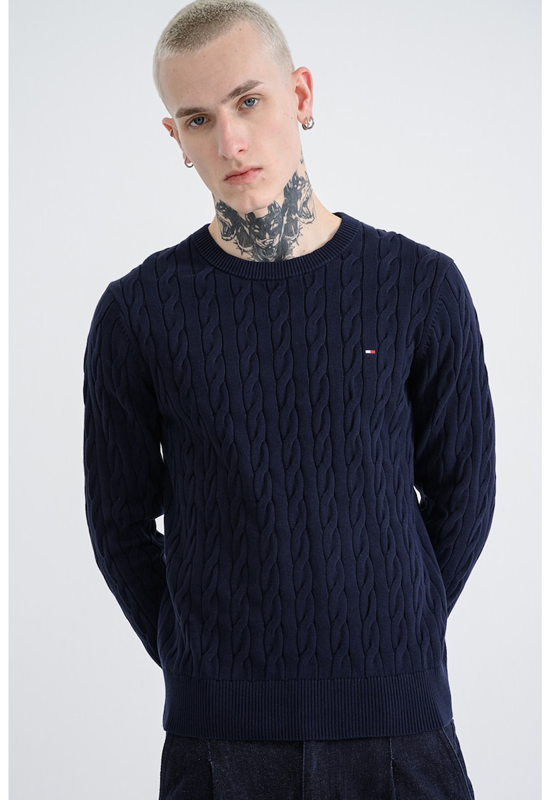 Пуловер от органичен памук с плетка осморка - Тъмносин Tommy Hilfiger