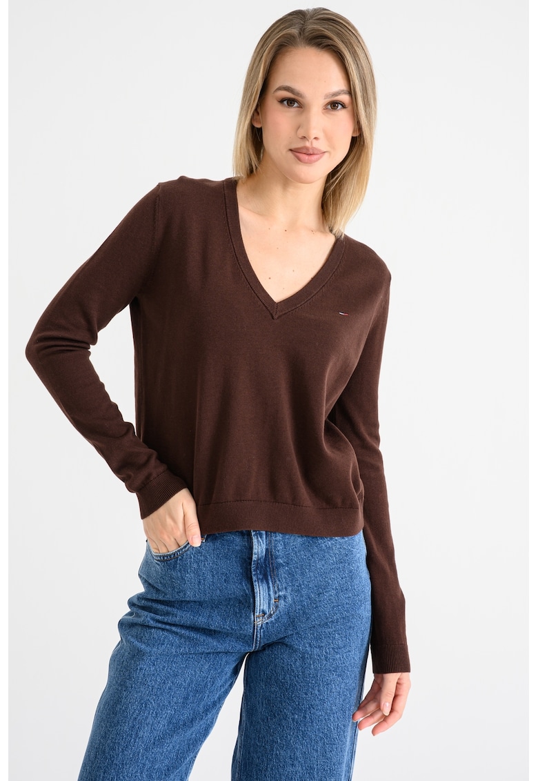 Пуловер от органичен памук с шпиц - Кафяв Tommy Jeans