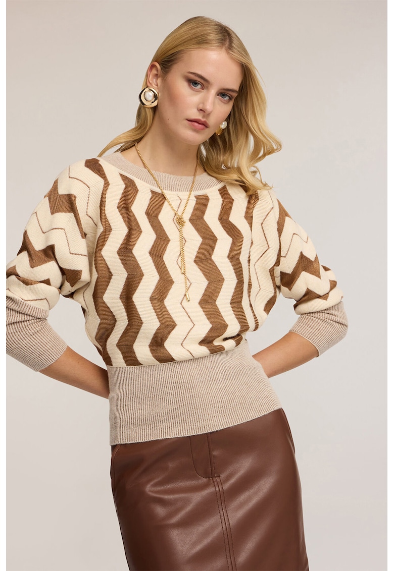 Пуловер с вълна - Кафяв/Светло бежово Motivi