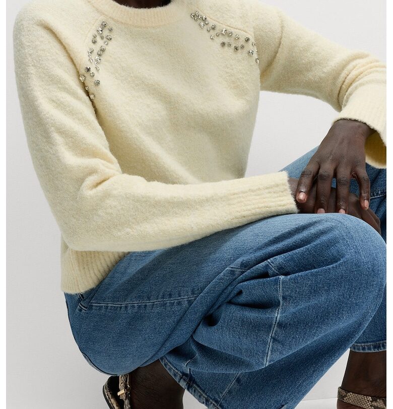 Пуловер с вълна и декоративни камъни - Мръснобял Marks  Spencer