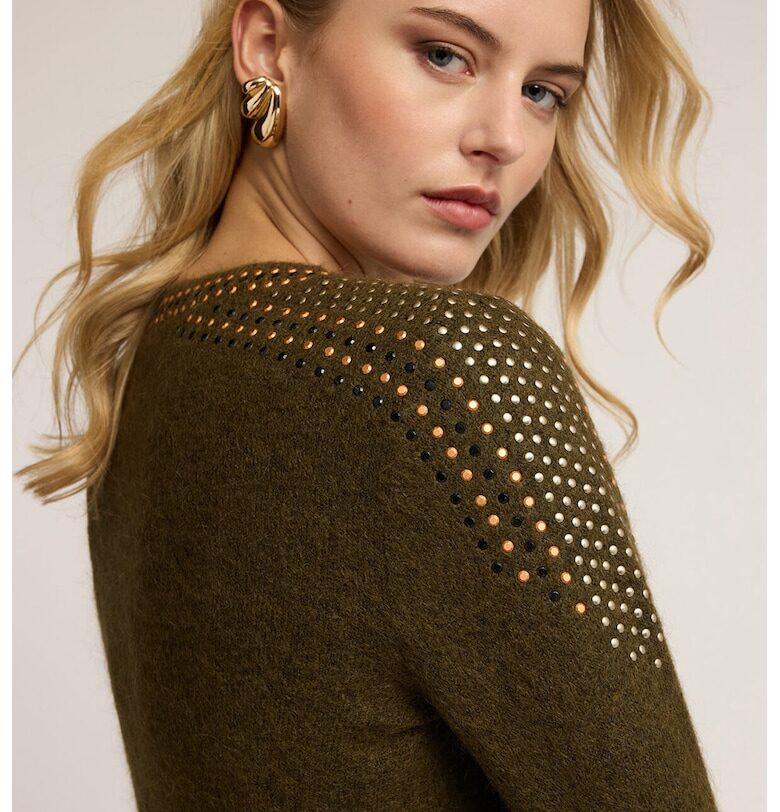 Пуловер с вълна и капси - Маслинено зелено Motivi