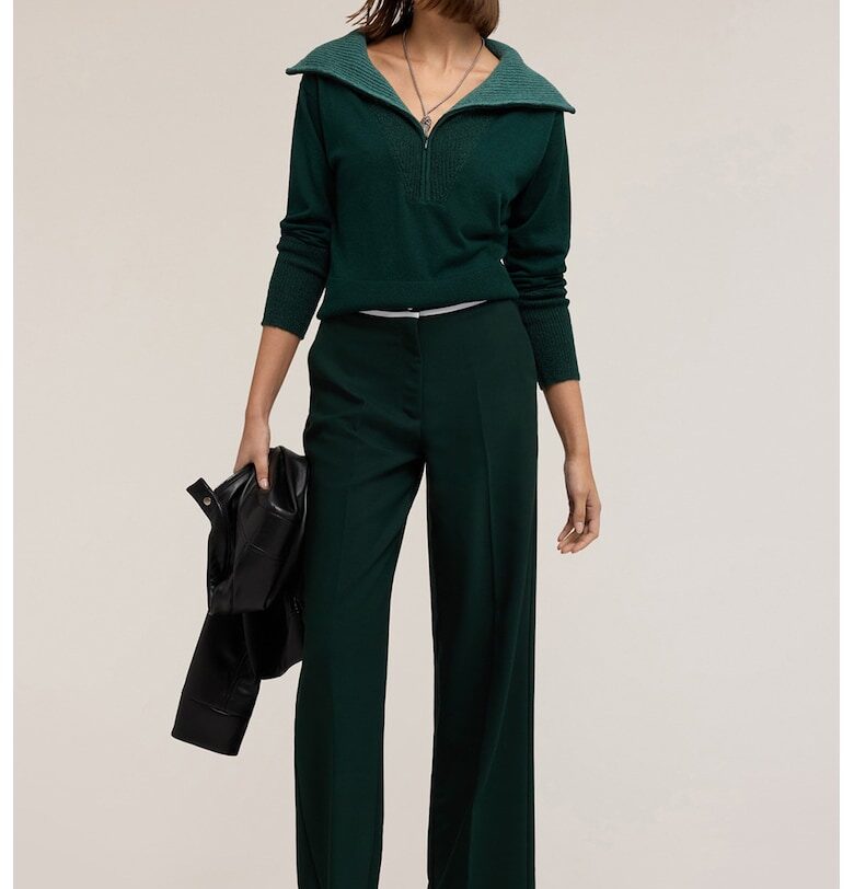 Пуловер с вълна и коприна с къс цип - Тъмнозелен Motivi