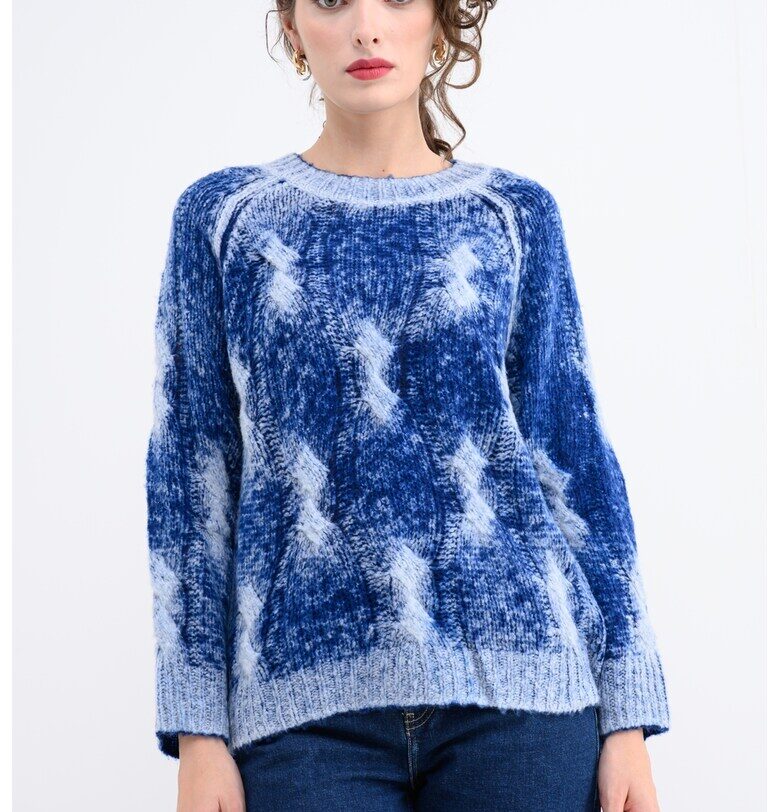 Пуловер с вълна с батик - Бял/Син MaxCo
