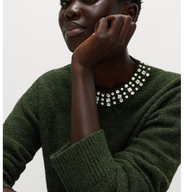 Пуловер с вълна с декоративни камъни - Бледо каки Marks  Spencer