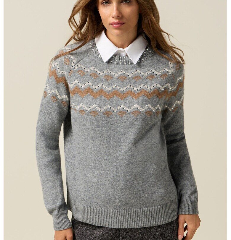 Пуловер с вълна с декоративни камъни - Светло сив Oltre