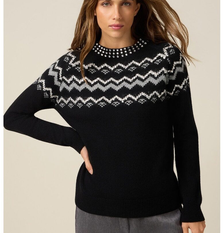 Пуловер с вълна с декоративни камъни - Черен/Светло сив Oltre