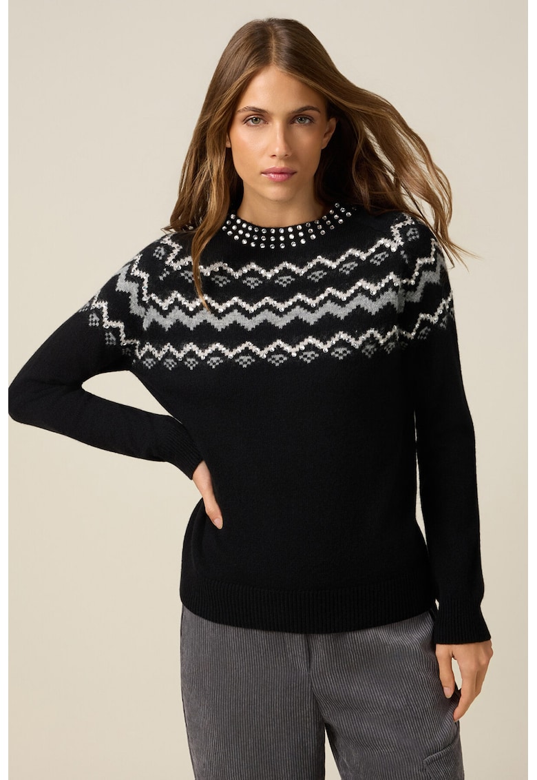 Пуловер с вълна с декоративни камъни - Черен/Светло сив Oltre