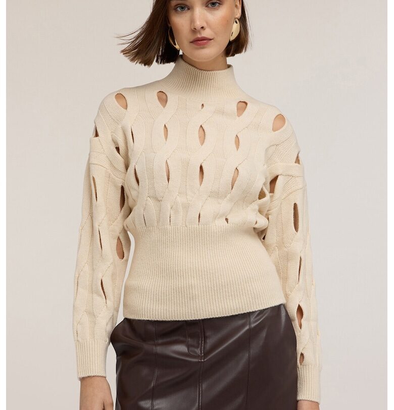 Пуловер с вълна с отвори - Слонова кост Motivi