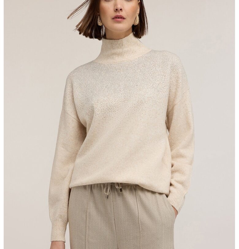 Пуловер с вълна с паднали ръкави и декоративни камъни - Крем Motivi