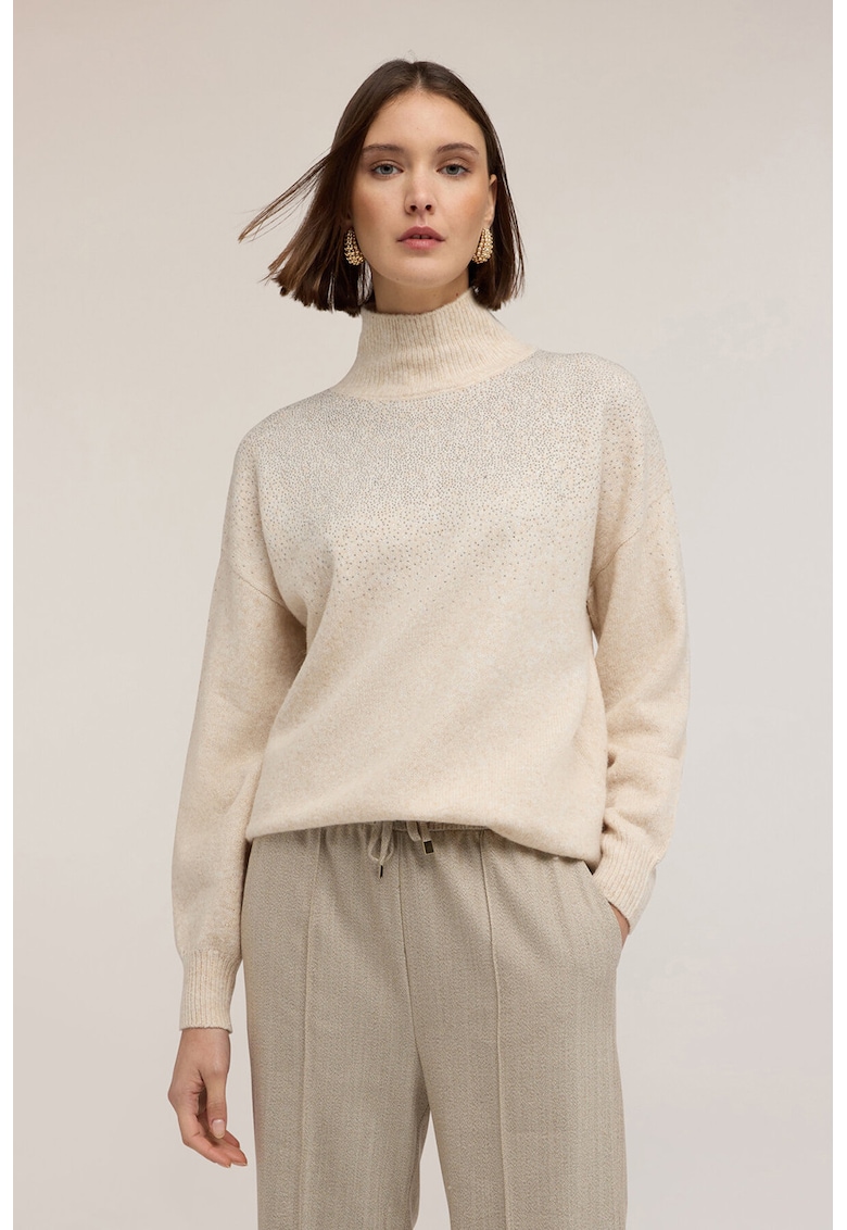 Пуловер с вълна с паднали ръкави и декоративни камъни - Крем Motivi