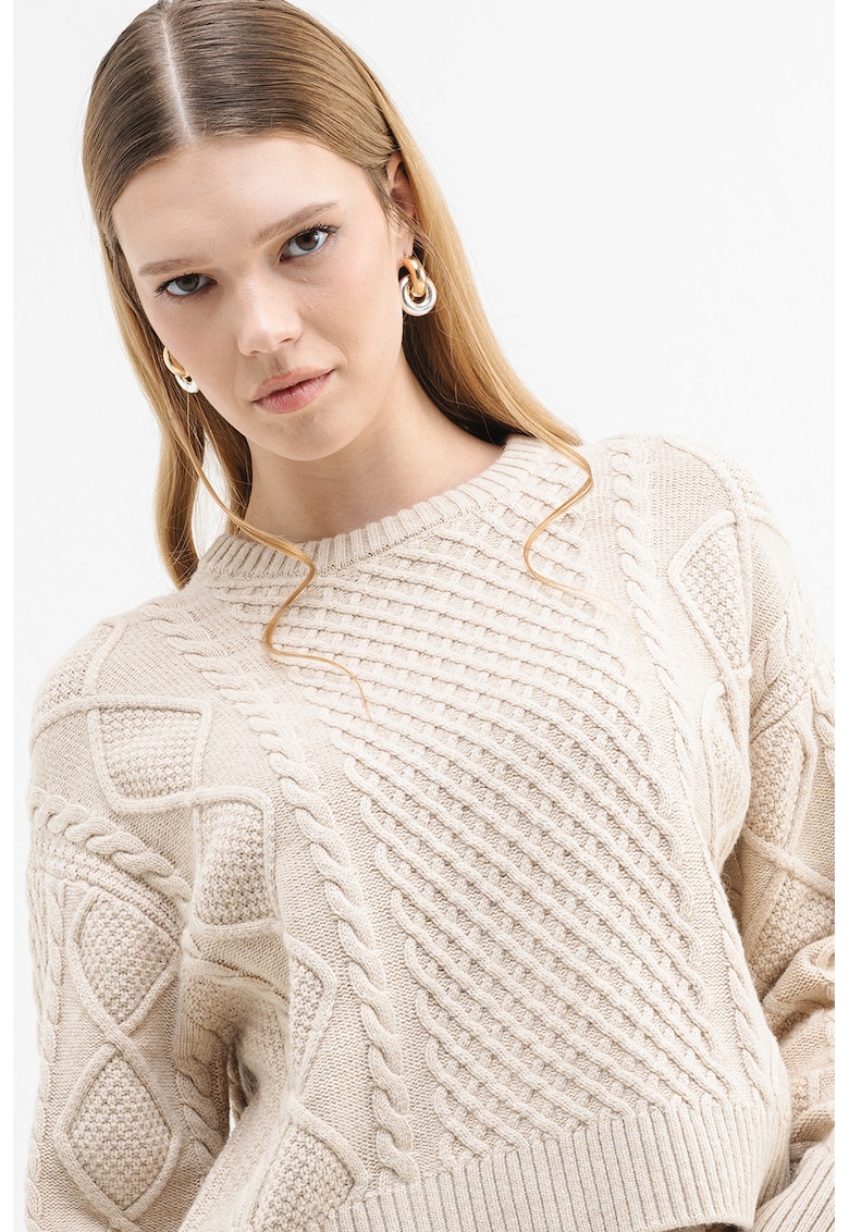 Пуловер с вълна с плетка осморка - Бежов GUESS JEANS