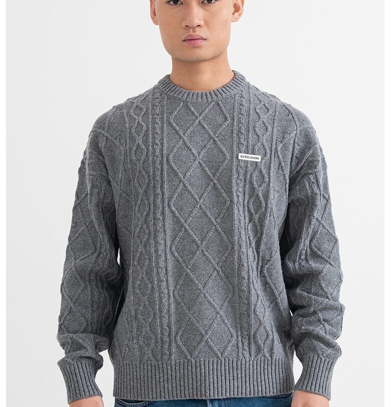 Пуловер с вълна с плетка осморка - Сив меланж GUESS JEANS
