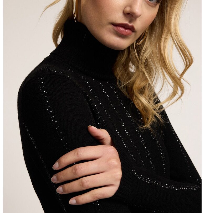 Пуловер с вълна с поло и бляскави нишки - Черен Motivi