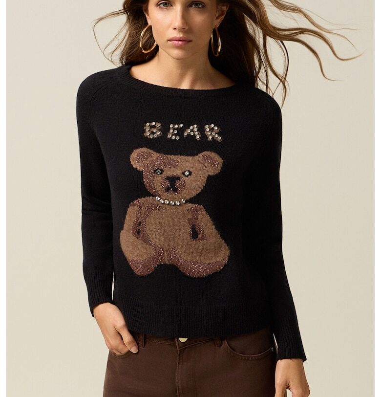 Пуловер с вълна с принт на мече - Черен/Кафяв Oltre